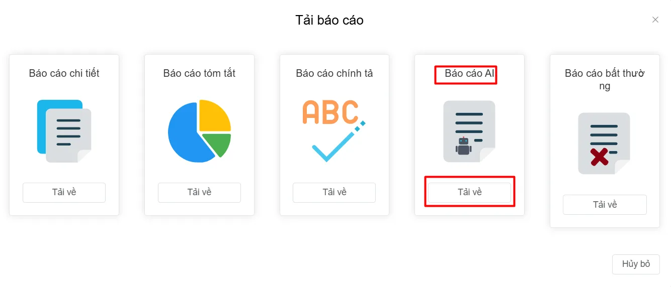 Hộp thoại Tải báo cáo với nút Tải về tại mục Báo cáo AI được khoanh đỏ