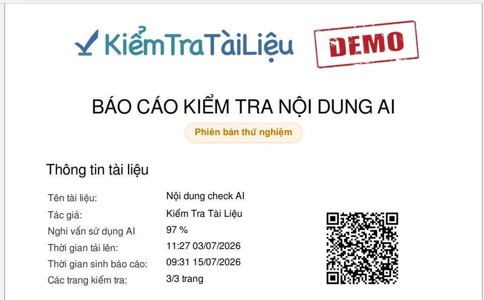 Trang đầu tiên của báo cáo PDF hiển thị các thông tin cơ bản về tài liệu và tỷ lệ nghi vấn AI