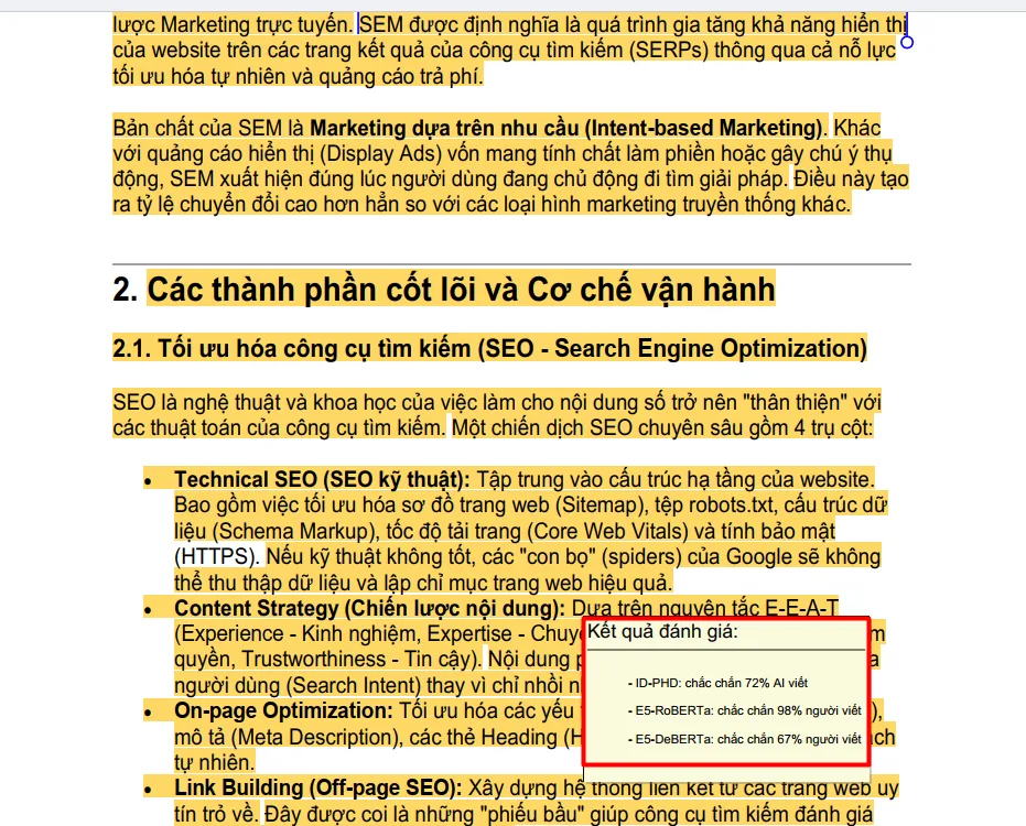 Toàn văn tài liệu kiểm tra trong báo cáo PDF với các câu được tô màu đánh dấu nghi vấn và chi tiết kết quả của 3 bộ đánh giá