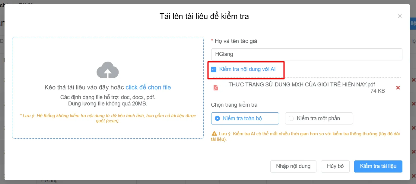 Hộp thoại Tải lên tài liệu để kiểm tra với tùy chọn Kiểm tra nội dung với AI được khoanh đỏ