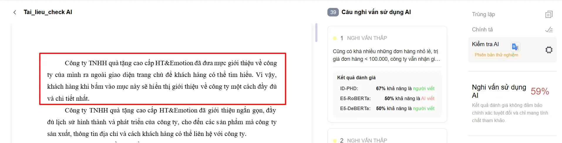 Đoạn văn bản không được tô màu do cả 3 bộ đánh giá đều nhận diện là người viết