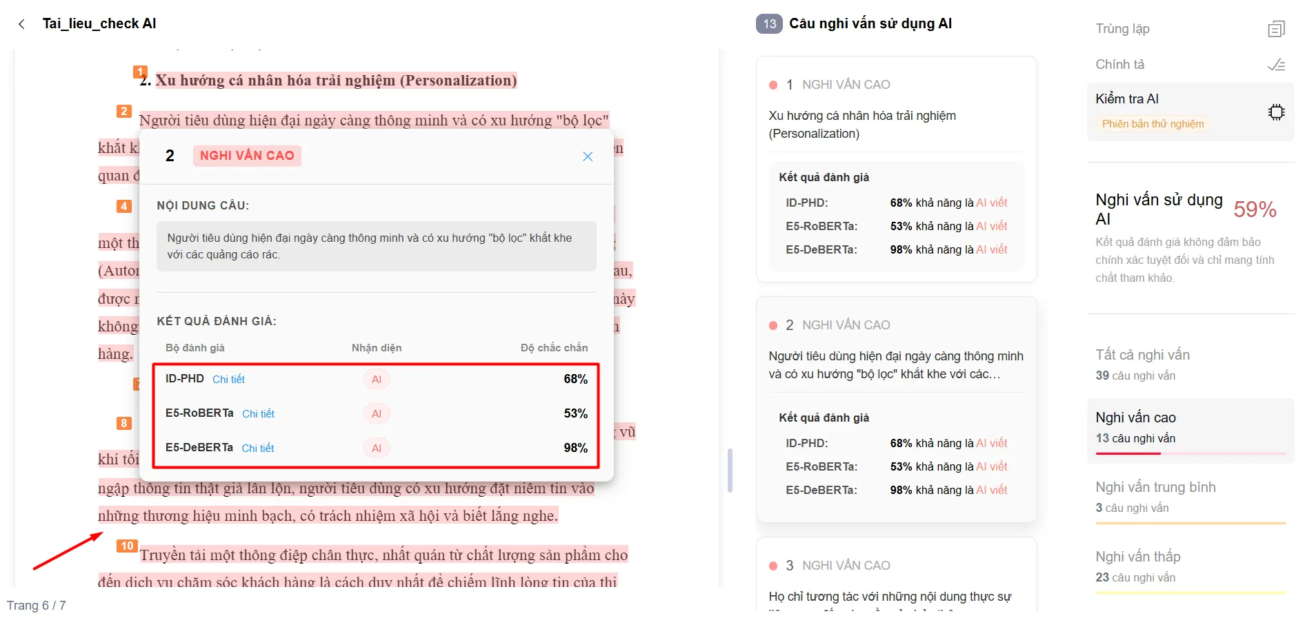 Giao diện hiển thị câu nghi vấn AI cao với cả 3 bộ đánh giá nhận diện là AI được tô màu đỏ