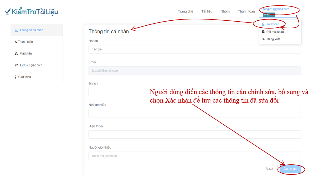 Chỉnh sửa thông tin tài khoản