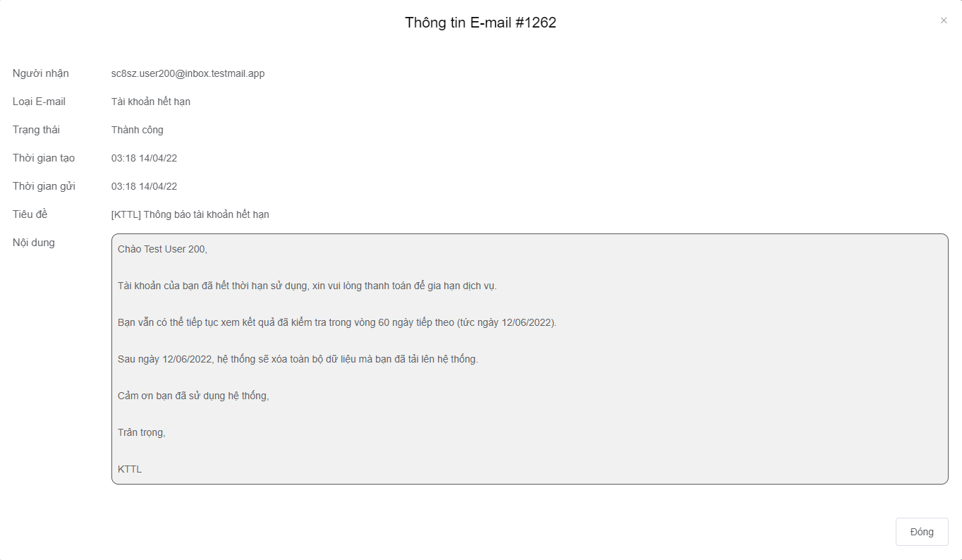 Nội dung chi tiết email đã gửi