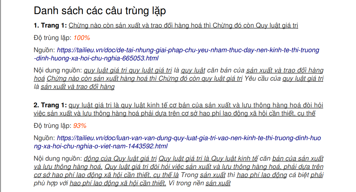 Báo cáo tóm tắt chỉ liệt kê các câu trùng lặp.
