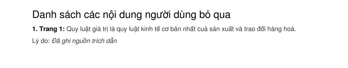 Báo cáo tóm tắt liệt kê các câu đã loại trừ.