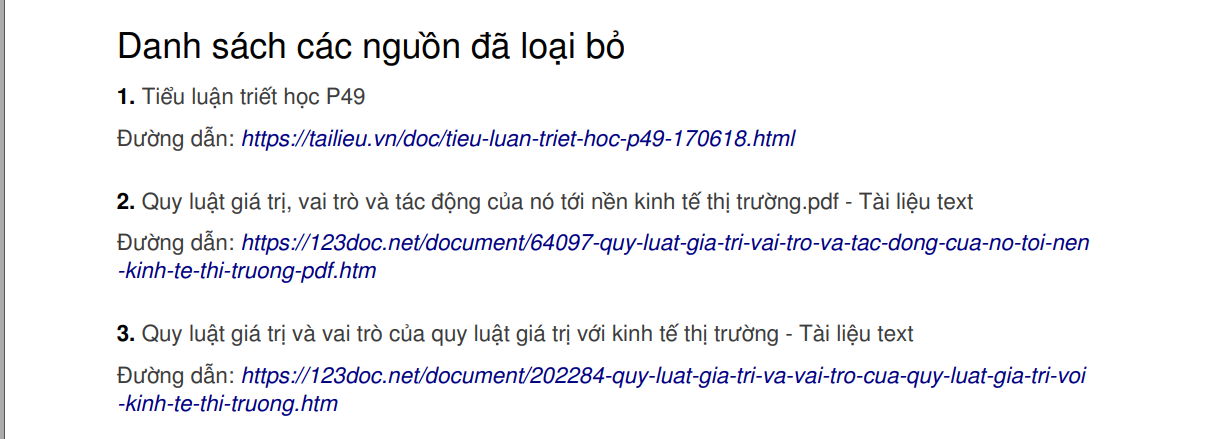 Báo cáo tóm tắt liệt kê các nguồn đã loại trừ.