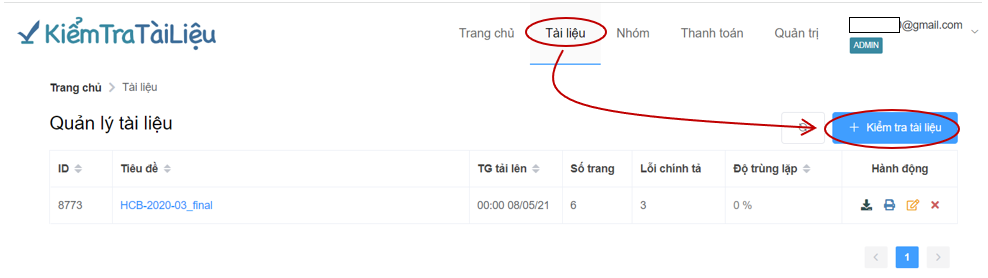 Người dùng chọn + Kiểm tra tài liệu để tải tài liệu cần kiểm tra