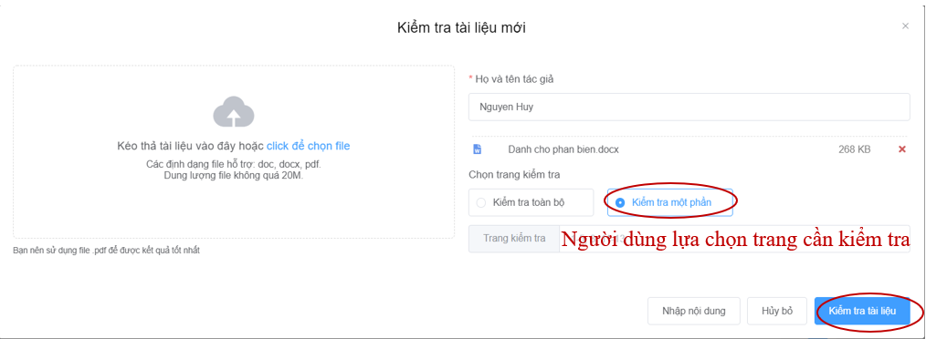 Người dùng chọn Kiểm tra một phần để kiểm tra 1 số trang trong tài liệu.