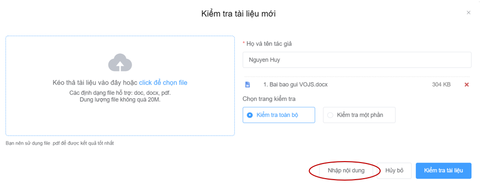 Tải tài liệu lên kiểm tra